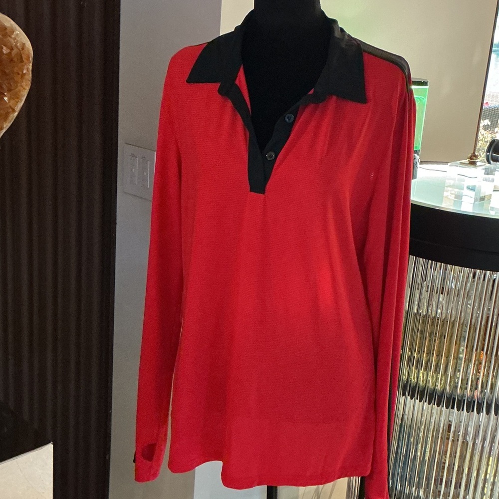 Women's Red Button-Down Shirt with Black Trim